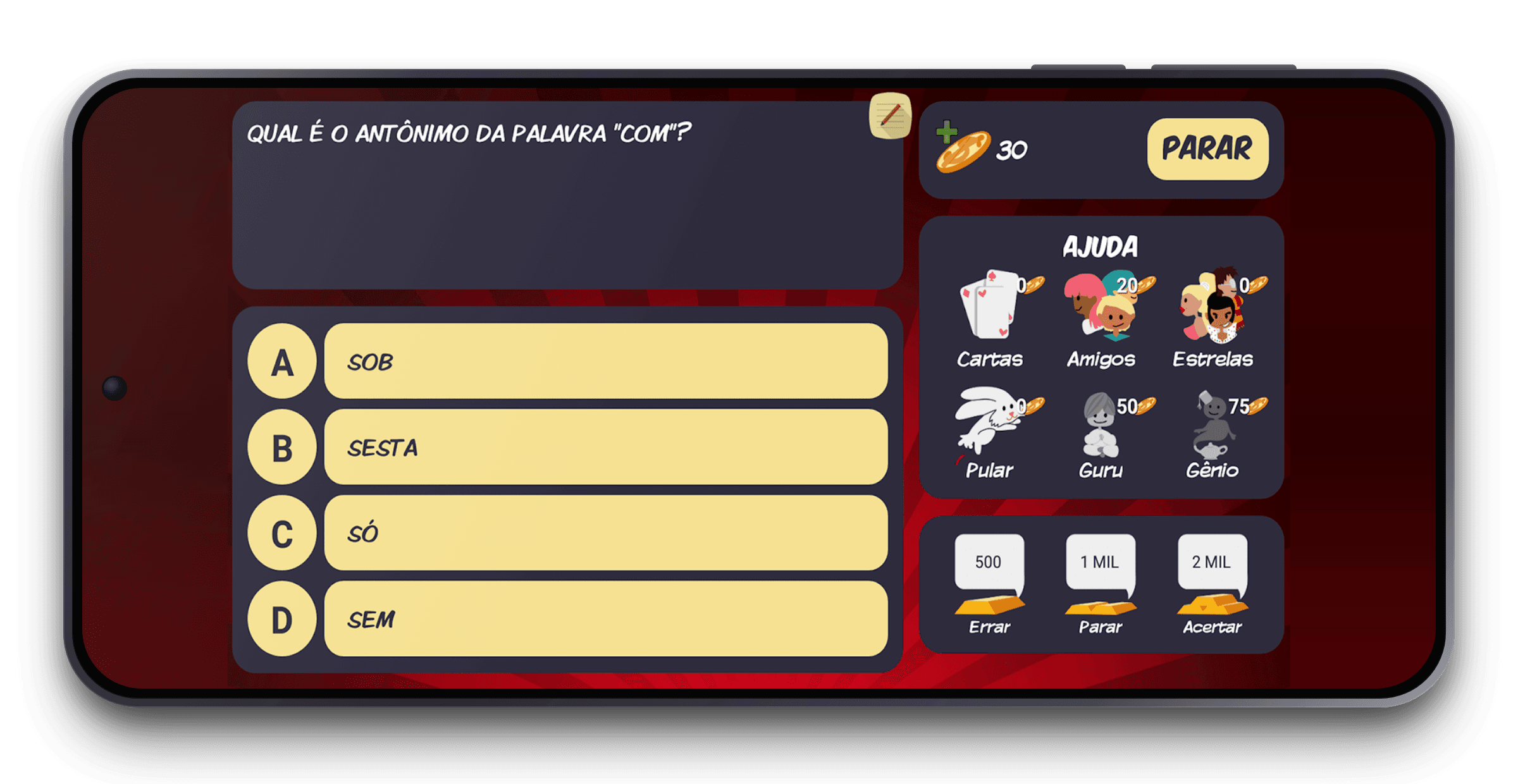 Tela do jogo mostrando uma pergunta com quatro alternativas